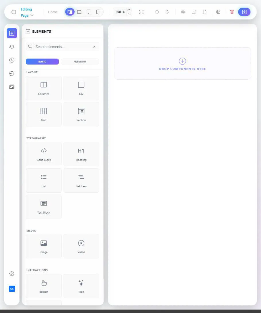 Live CMS Visual Editor — drag & drop, light mode, device switcher